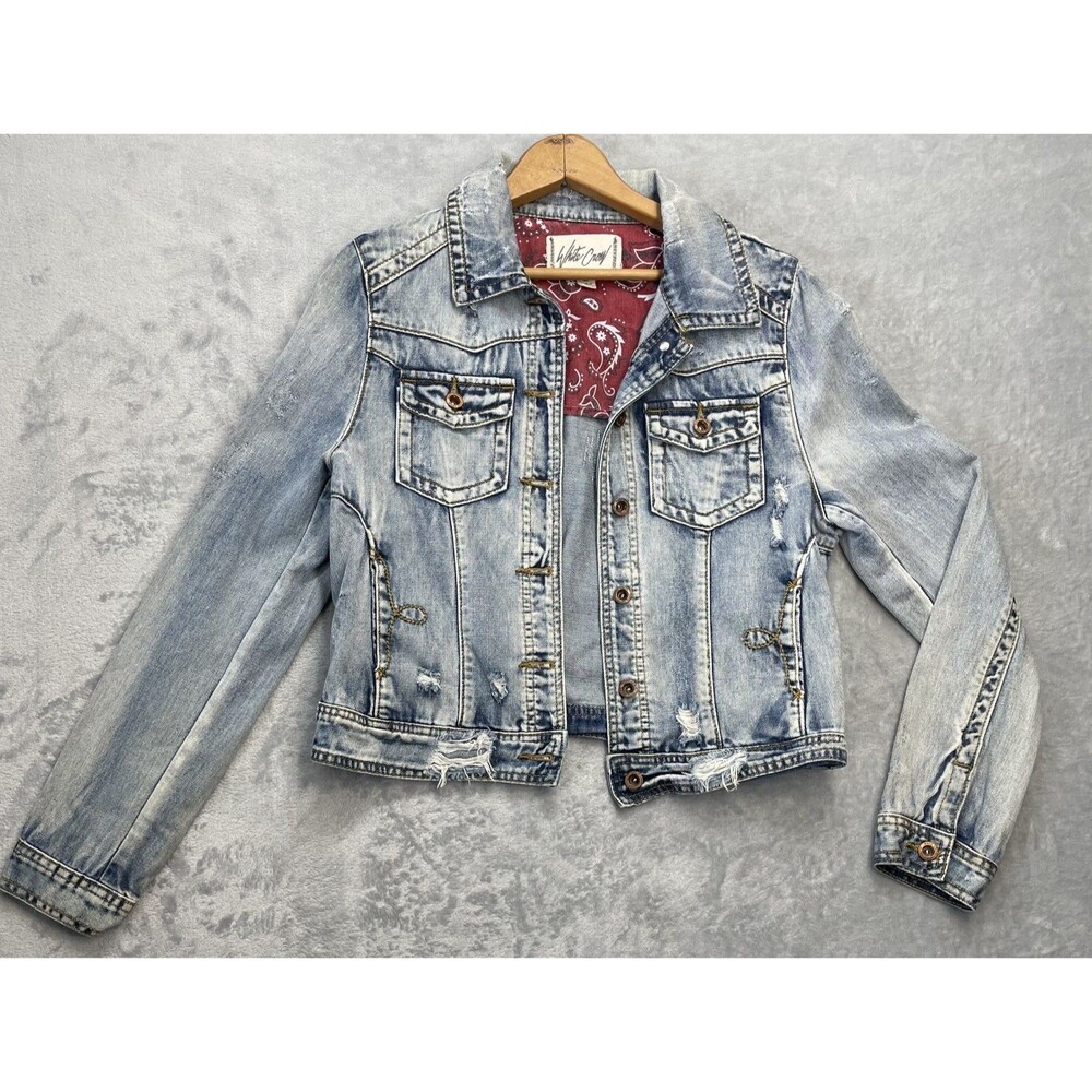 White crow Bandana Distressed Denim Jacket. Purchased at the Buckle Large